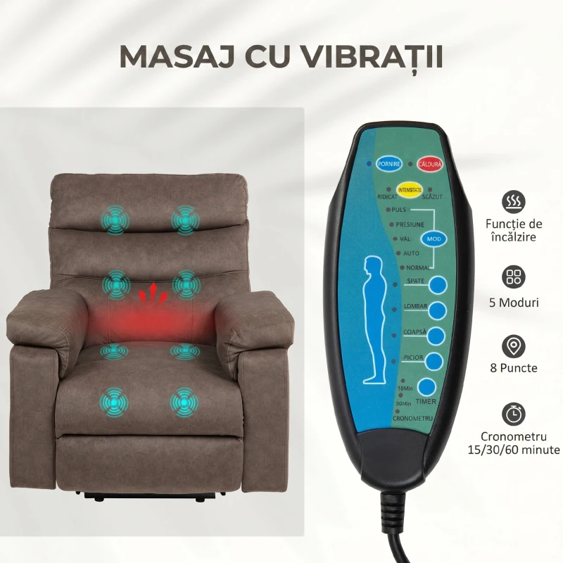 HOMCOM Fotoliu Rabatabil cu Funcție de Masaj și Încălzire, Dotat cu Motor Dublu, Maro Închis
