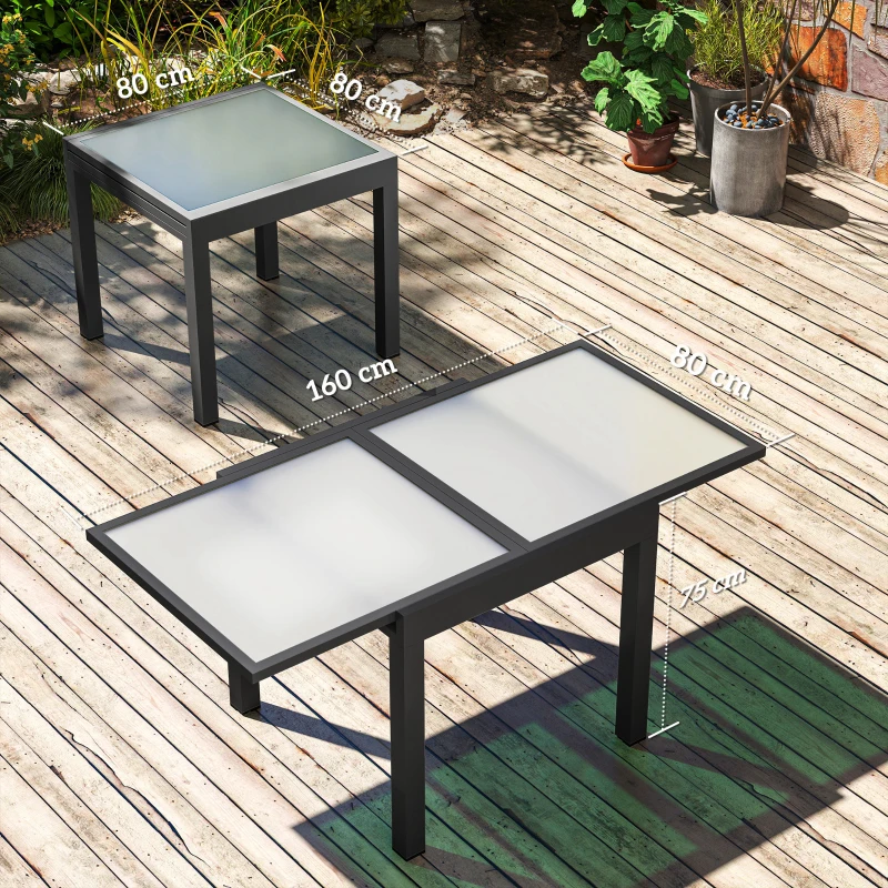 Outsunny Masă de Grădină Extensibilă cu Blat din Sticlă 80-160x80x75 cm Negru