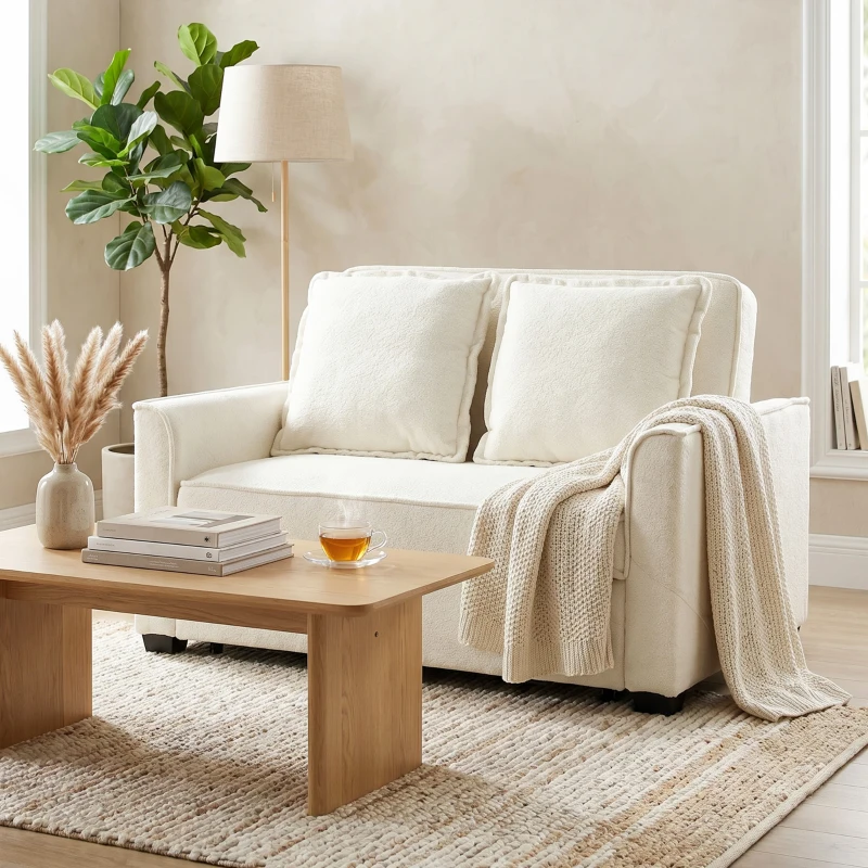 HOMCOM Sofá Cama 2 Plazas 3 en 1 con Respaldo Ajustable Bolsillos Laterales 2 Almohadas para Sala de Estar Blanco Crema