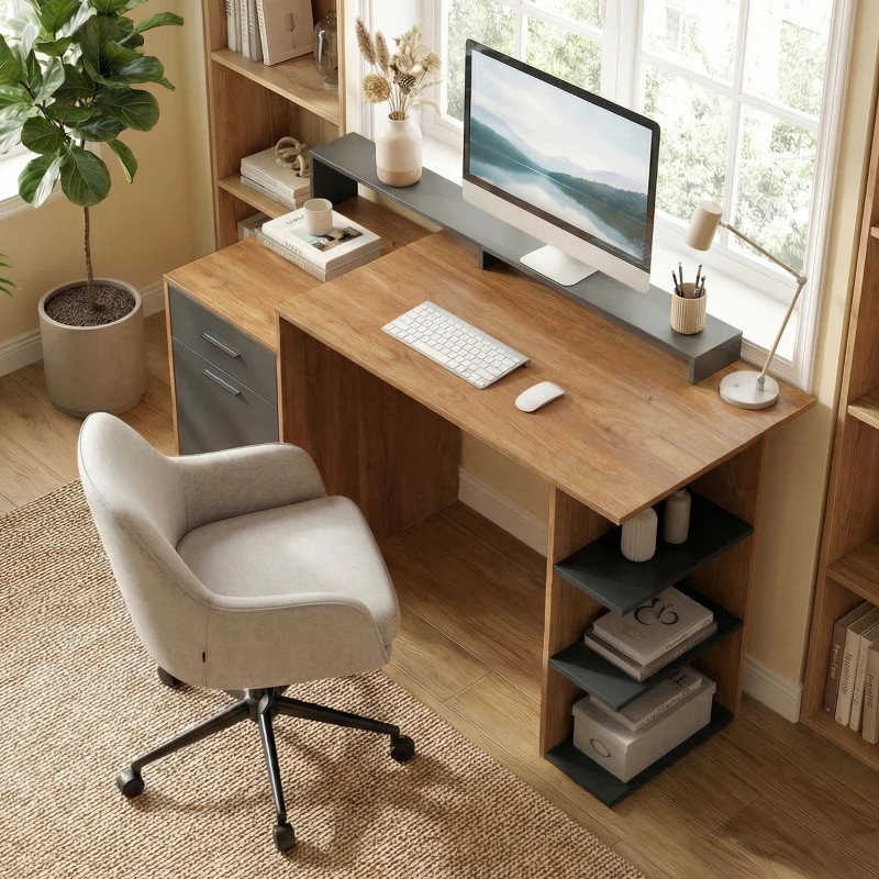HOMCOM Computertisch mit Stauraum und Regalen, Moderner Schreibtisch für Büro und Arbeitszimmer, 140 cm, Eiche