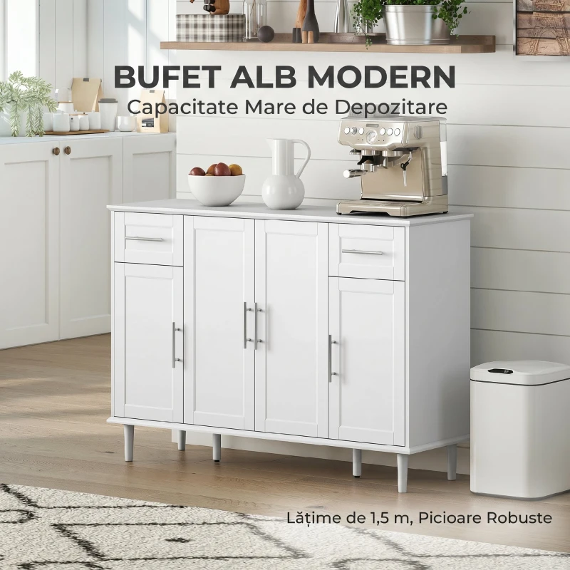 HOMCOM Comodă Buffet Elegantă cu 2 Sertare și 3 Dulapuri cu Rafturi Reglabile, din Lemn, 120x38x86 cm, Alb