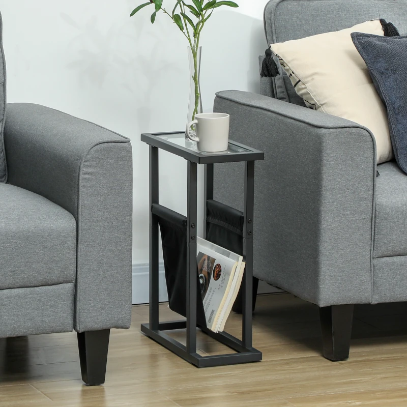 HOMCOM Beistelltisch aus Metall mit Stofftasche und Glasplatte, schmaler Tisch für Wohnzimmer, Schlafzimmer, Schwarz