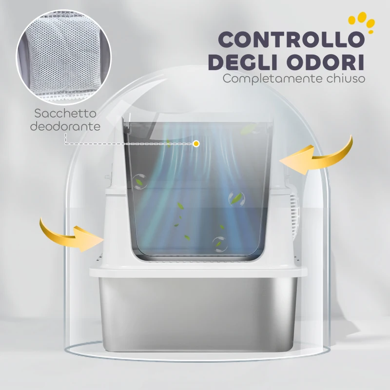PawHut Lettiera per Gatti Grandi in Acciaio Inox con Coperchio Ribaltabile, Paletta e Deodorante, Grigio Chiaro