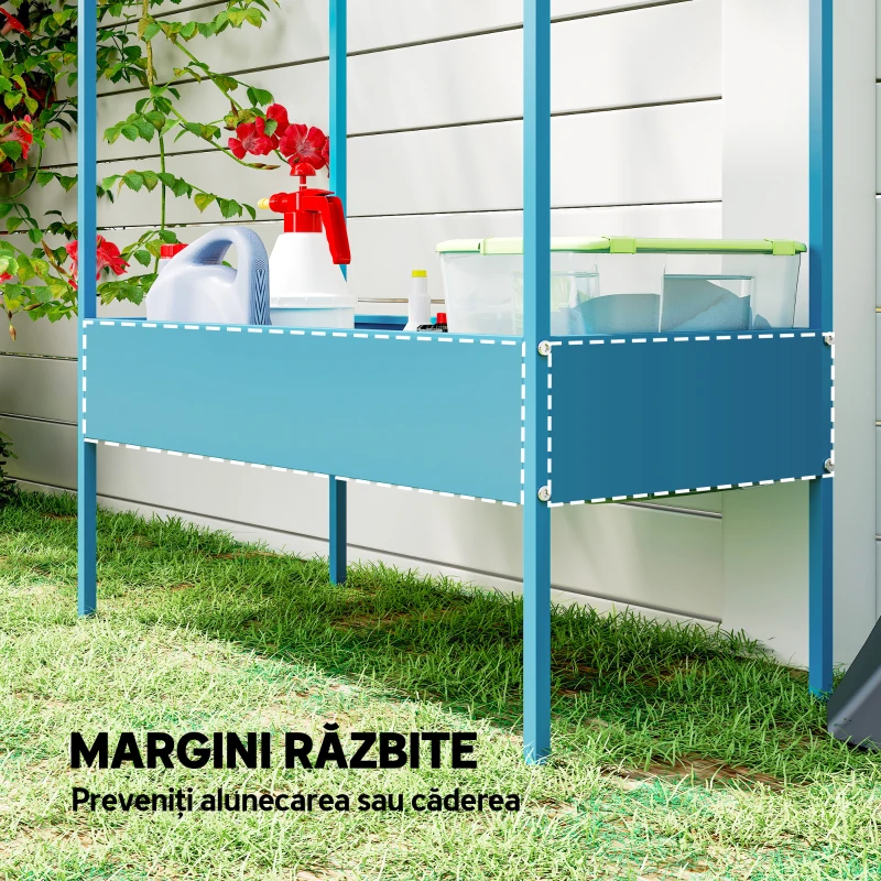Outsunny Suport de flori cu 2 niveluri, în formă de căsuță, din metal, cu cârlig, 75x35x150 cm, albastru-verde