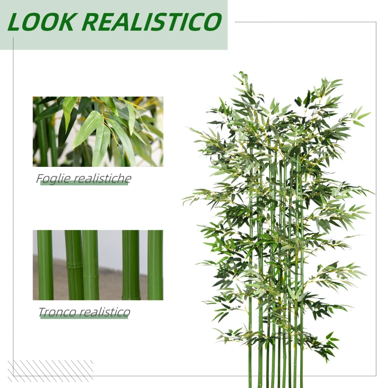 HOMCOM Pianta di Bambù Artificiale Alta 180 cm da 1640 Foglie con Base in Legno di Pino 35x10x10 cm, Verde
