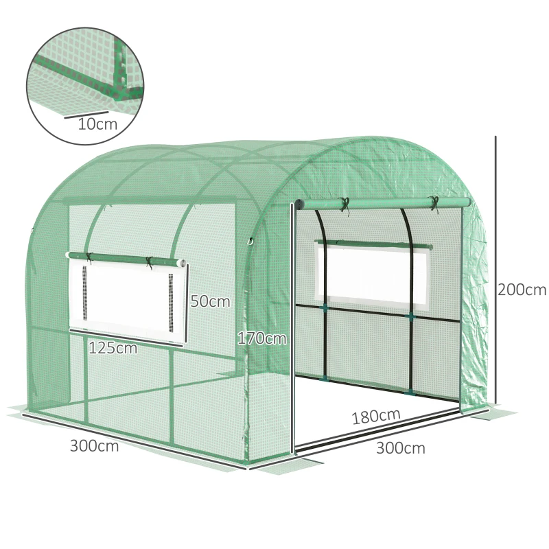 Outsunny Seră tip tunel pentru grădină 3x3x2 m din oțel și PE anti-UV cu uși rulabile și ferestre, verde