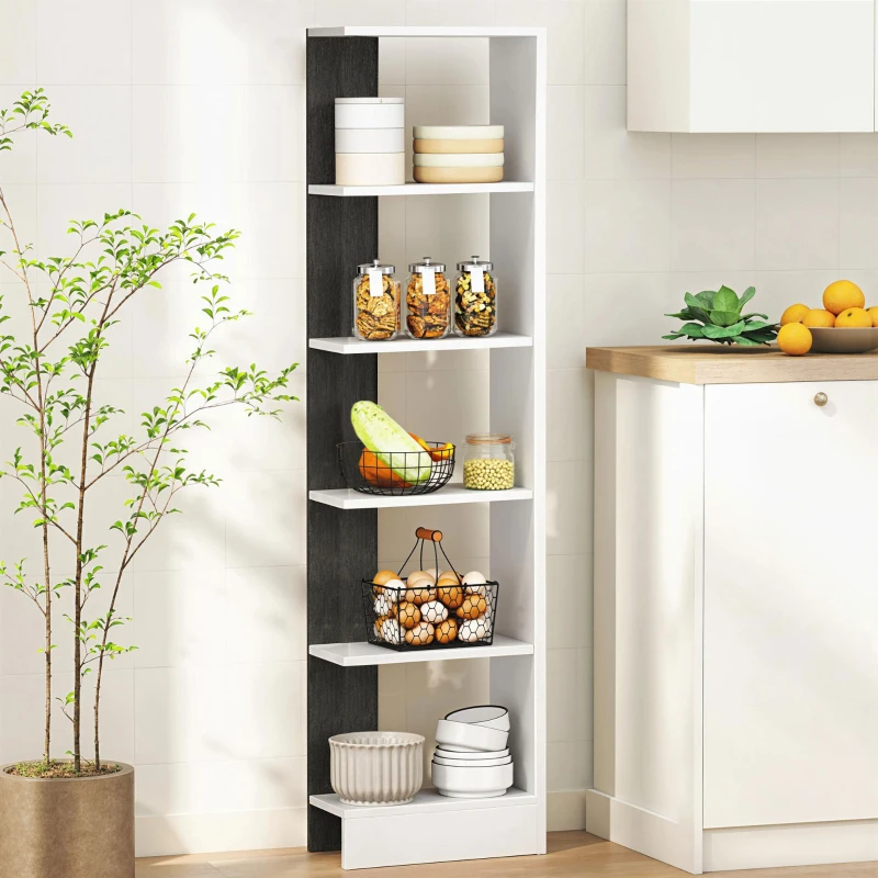 HOMCOM Bibliotecă Modernă Economisitoare de Spațiu cu 5 Rafturi din Lemn 45x21x170 cm, Alb și Negru