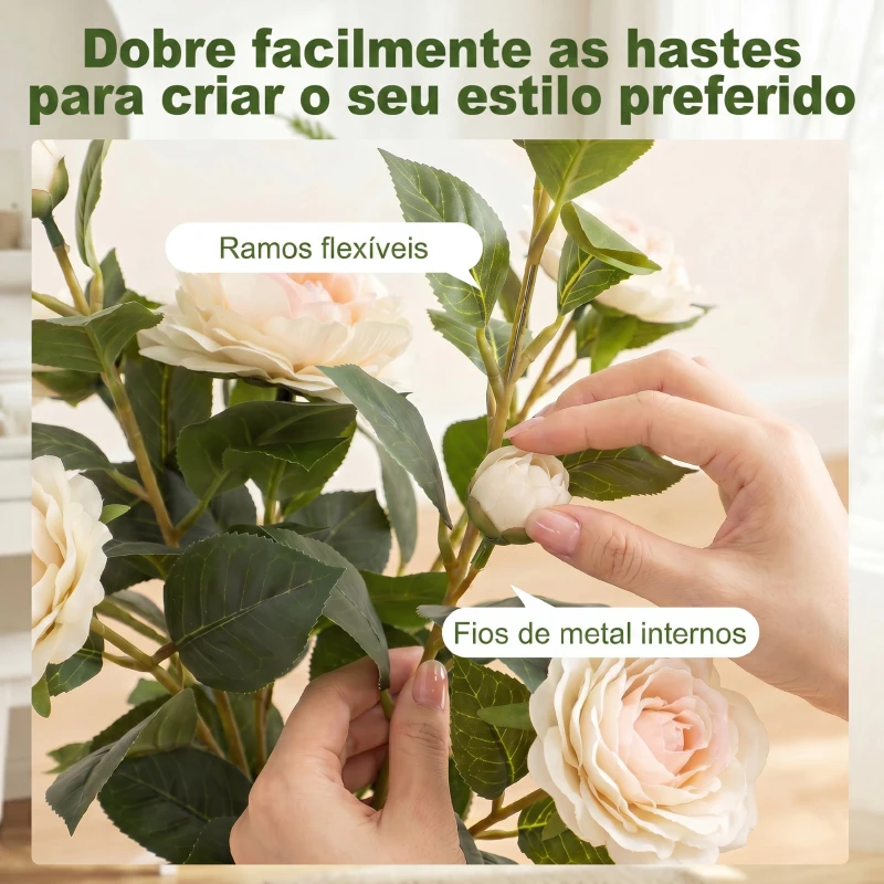 HOMCOM Planta Artificial de Camélia 65 cm com Flores de Seda Realistas 116 Folhas e Efeito de Musgo Branco