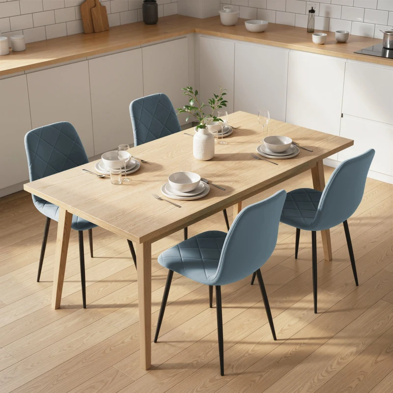 HOMCOM Set 4 Sedie per Cucina Imbottite, in Tessuto Effetto Velluto e Acciaio, 45x54x87 cm, Azzurro