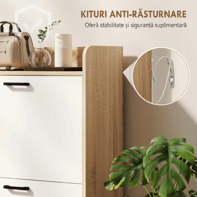 HOMCOM Dulap Slim pentru Pantofi cu 2 Sertare Rabatabile și 3 Compartimente, Capacitate 15 Perechi, 83x24x90,5 cm, Lemn și Alb