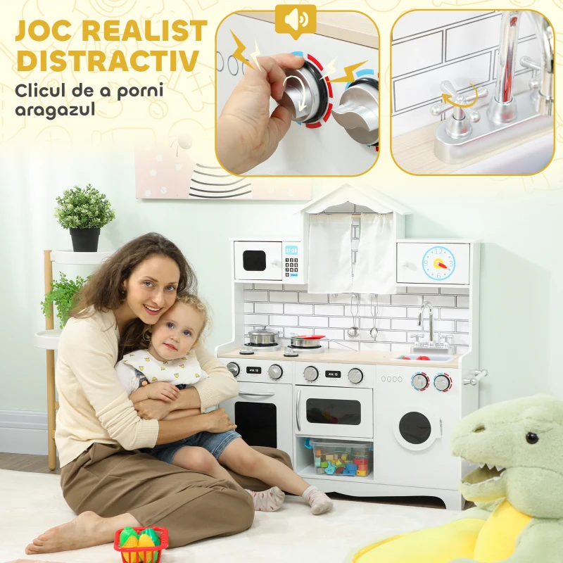 AIYAPLAY Bucătărie de Jucărie pentru Copii 3-6 Ani din Lemn cu Set de Accesorii, Chiuvetă și Butoane cu Sunete, Alb
