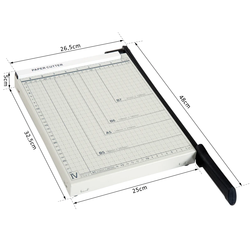 HOMCOM Tagliacarte per 12 Fogli max con Griglia e Stampa Metrica, in Metallo e ABS, 48x26.5x5 cm, Bianco e Nero