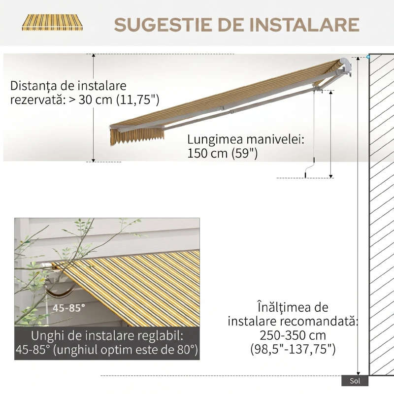 Outsunny Copertină de Soare Retractabilă pentru Exterior cu Brațe și Deschidere Manuală, 350x250 cm, Galben