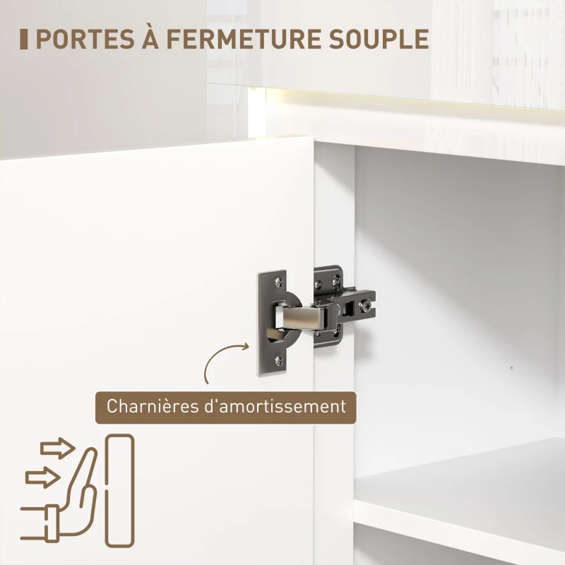 HOMCOM Buffet salon, meuble de rangement avec éclairage LED 4 tiroirs portes à fermeture douce 120 x 34 x 80 cm, blanc brillant