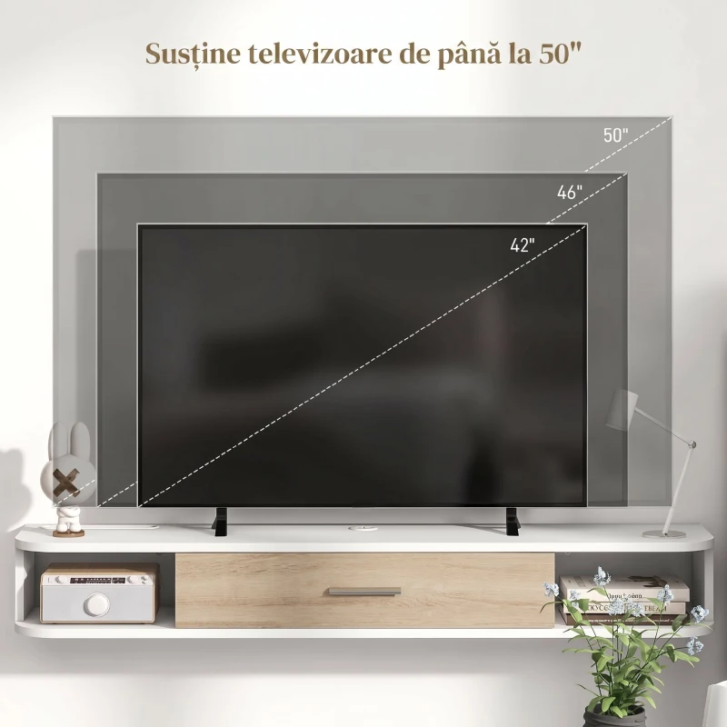HOMCOM，Suport TV，Cu 2 Rafturi Deschise și Dulap cu Ușă Rabatabilă，MDF，120cm x 26cm x 16cm，Alb, gri