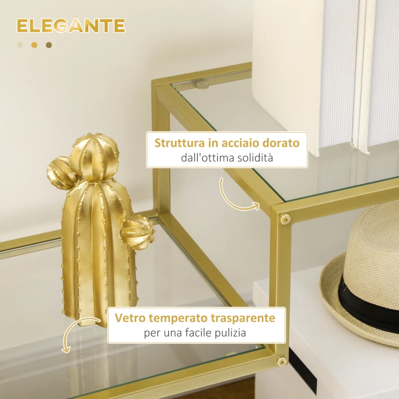 HOMCOM Consolle da Ingresso a 3 Ripiani in Acciaio e Vetro Temperato, 100x32x76 cm, Oro