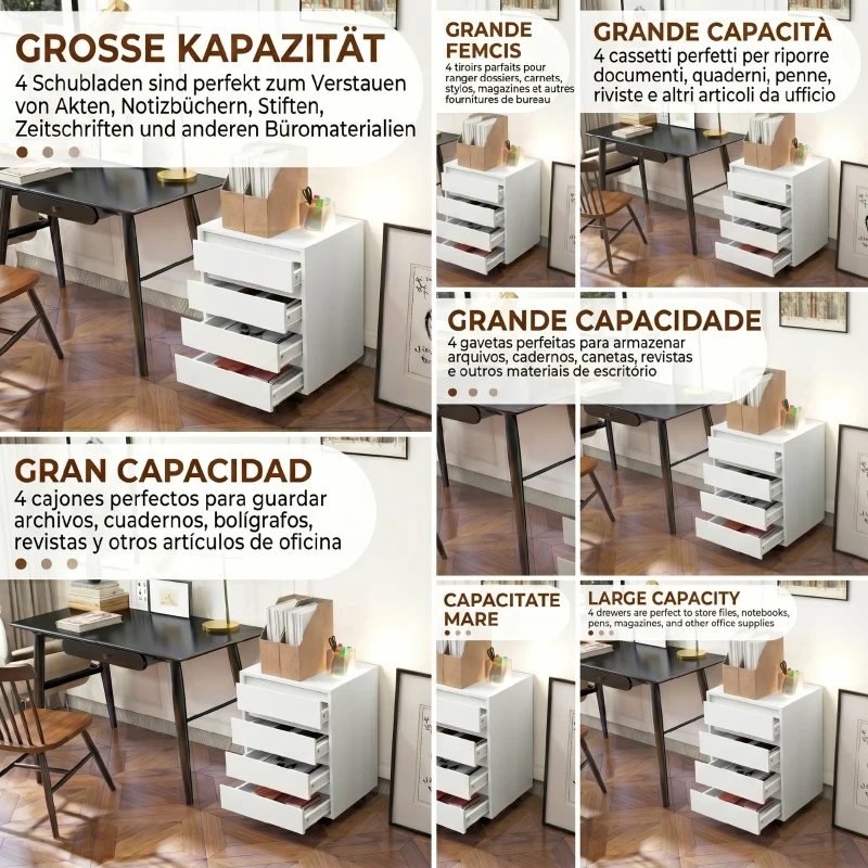 HOMCOM Comodă de Birou cu 4 Sertare și Roți cu Frână din MDF, 46x40x65 cm, Alb