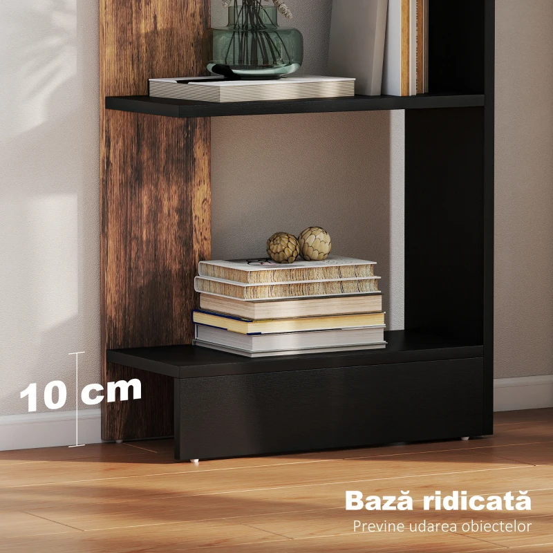 HOMCOM Bibliotecă Modernă Economisitoare de Spațiu cu 5 Rafturi din Lemn, 45x21x170 cm, Maro și Negru