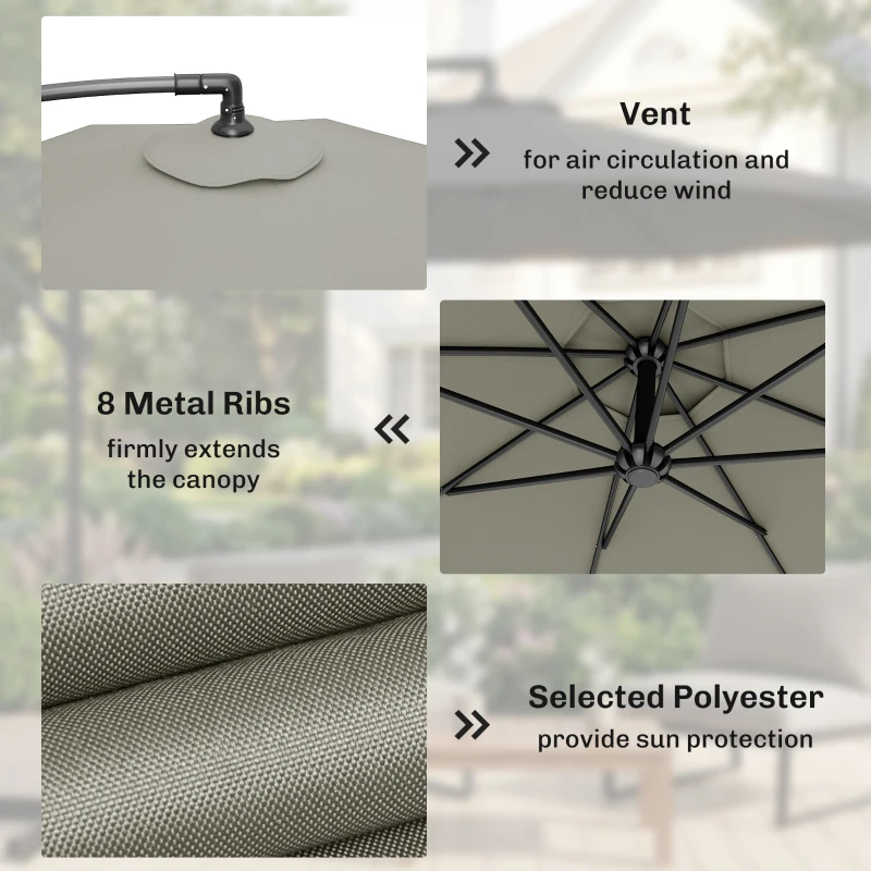 Outsunny 3m Overhanging Parasol, with Base, Weights and Cover - Light Grey
