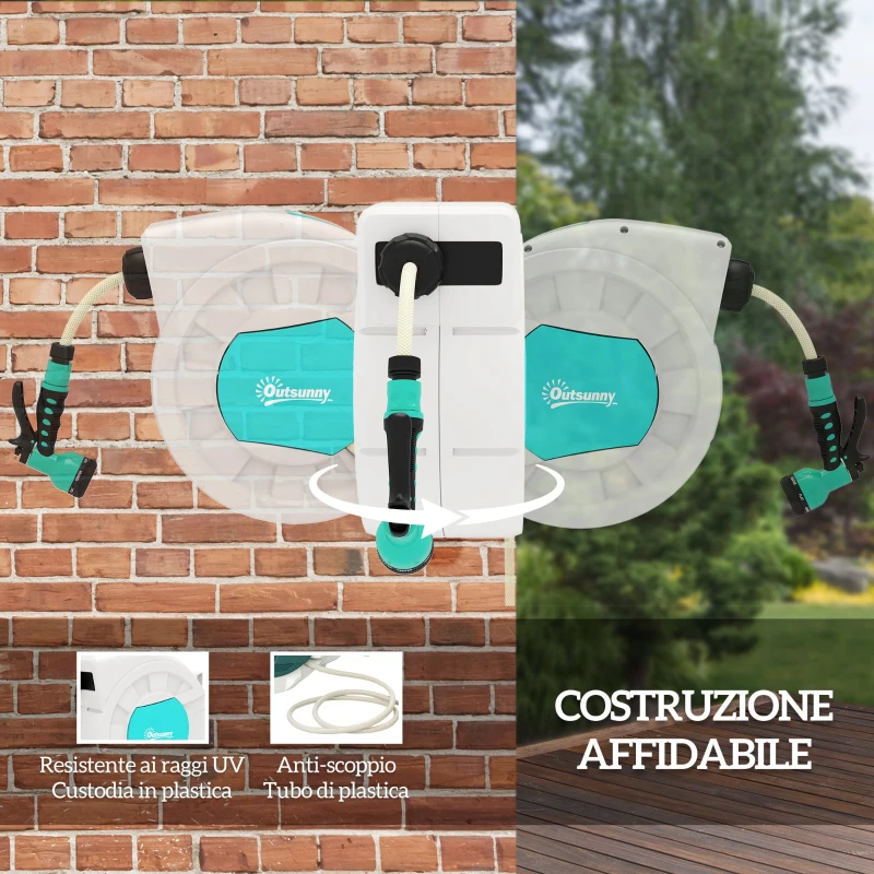 Outsunny Avvolgitubo da Giardino Retrattile con Tubo dell'Acqua 25+2 m e 7 Getti per Irrigazione, Verde e Grigio Chiaro