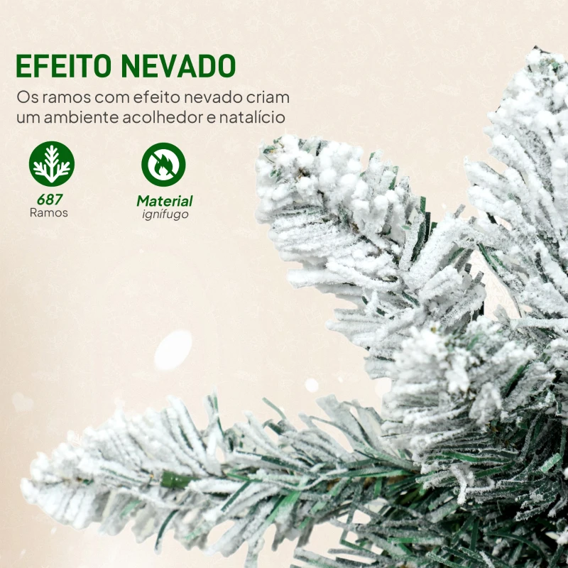HOMCOM Árvore de Natal Estreita 210 cm Nevada com Luzes LED Bicolores 11 Modos de Iluminação 687 Ramos Suporte Metálico Verde