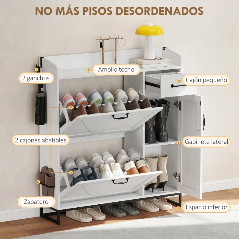 HOMCOM Zapatero Estrecho con 2 Cajones Abatibles Estantes Ajustables para 12 Pares para Espacio Reducido 106,7x26x116cm Blanco