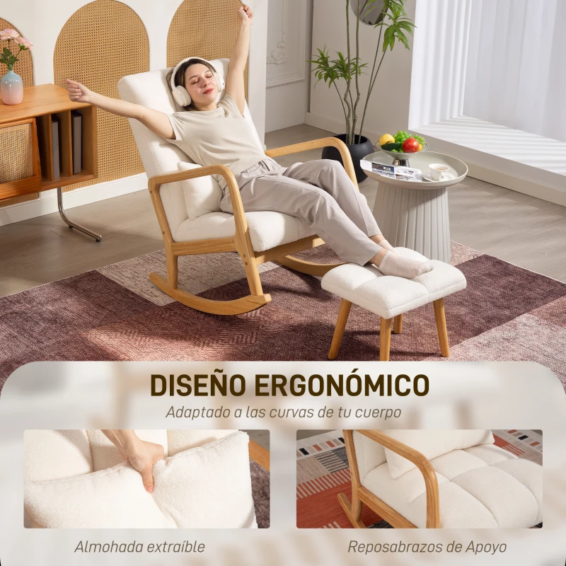 HOMCOM Silla Mecedora con Reposapiés Tapizado en Bouclé Cojín Acolchado y Reposabrazos y Patas de Madera Carga 120 kg Blanco