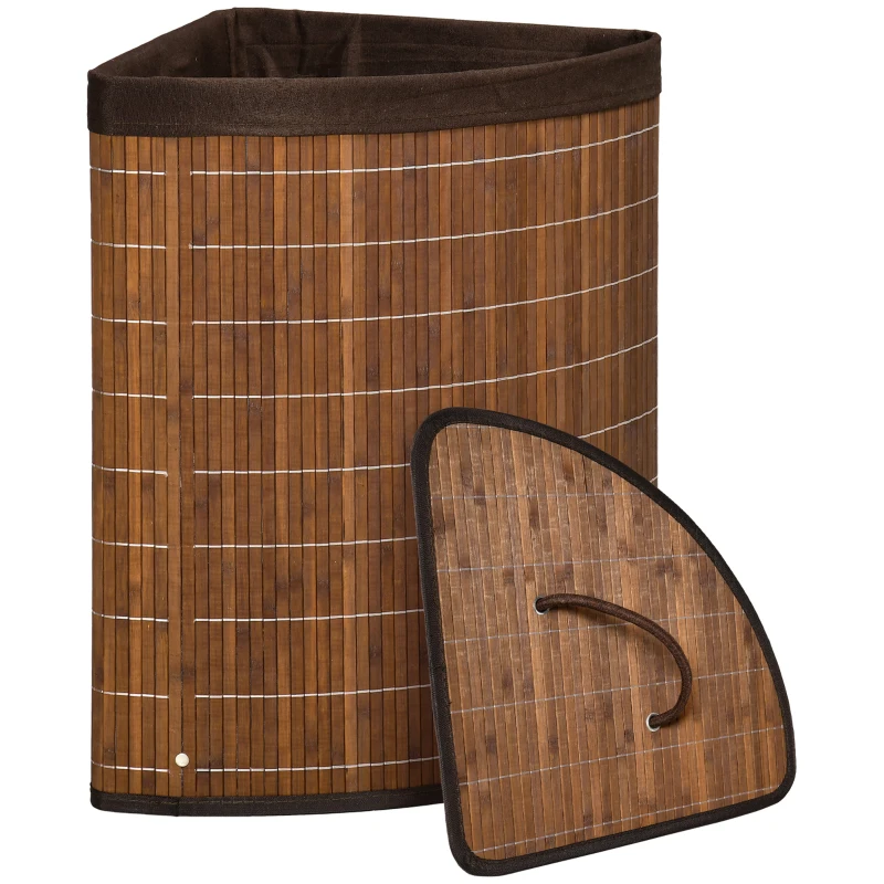 HOMCOM Panier à linge en bambou d'angle 55L avec couvercle et sac amovible 38 x 38 x 57 cm marron