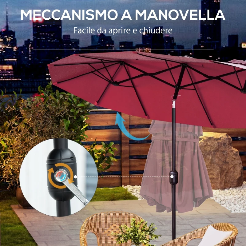 Outsunny Ombrellone da Giardino Doppio Inclinabile con Apertura a Manovella, 295x152x222cm, Rosso