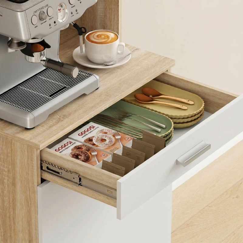 HOMCOM Mobilier Bucătărie 174 cm cu Sertar, Rafturi, Blat și Orificiu pentru Cabluri