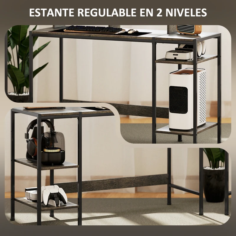 HOMCOM Mesa de Escritorio con Estantes Laterales Soporte para Monitor Ajustable y Estructura Móvil 120x48x85,5 cm Gris Carbón