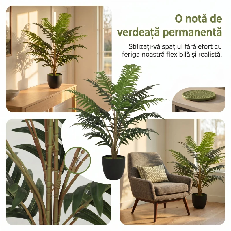 HOMCOM Plantă Artificială de Ferigă cu 20 de Frunze din PEVA, Ramuri Flexibile, Ghiveci Negru din PP și Ciment, Verde