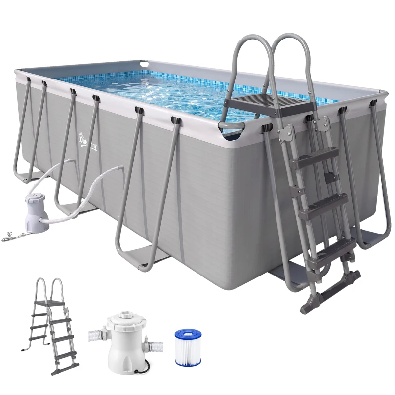 Outsunny Rectangle Steel Frame Swimming Pool with Ladder and Pump - Grey
