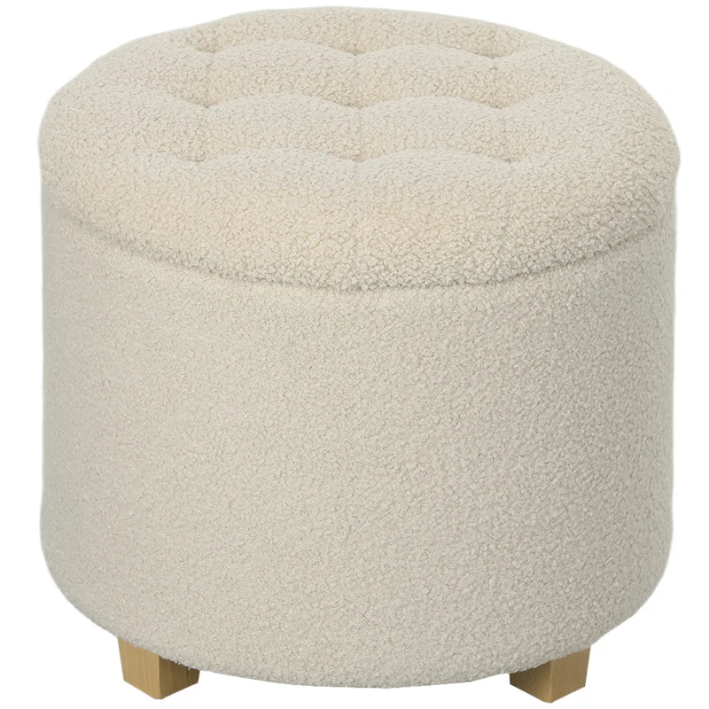 HOMCOM Runder Sitzhocker mit Stauraum, Deckel und Holzbeinen, Fußhocker für Wohnzimmer, Flur, Schlafzimmer, Cremeweiß