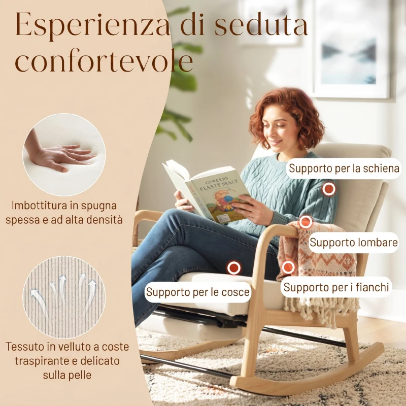 HOMCOM Sedia a Dondolo in Velluto a Coste con Poggiapiedi, Schienale Reclinabile, in Stile Scandinavo, Crema