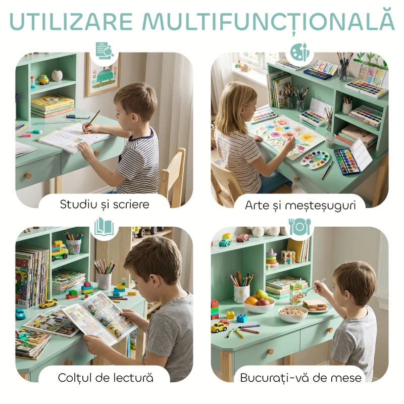AIYAPLAY Birou pentru Copii 5-12 Ani cu 3 Rafturi și 2 Sertare, din Lemn, 90x52x105 cm, Verde