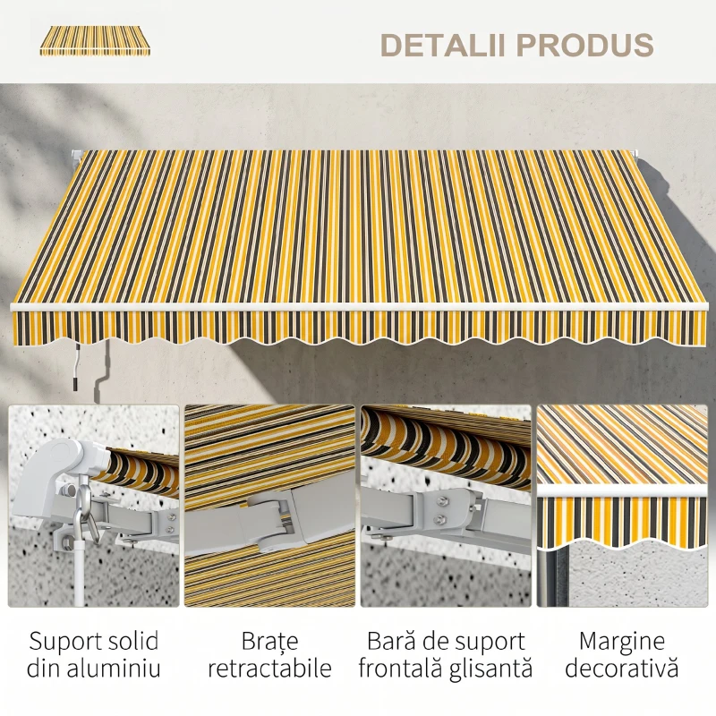 Outsunny Copertină de Soare Retractabilă pentru Exterior cu Brațe și Deschidere Manuală, 350x250 cm, Galben