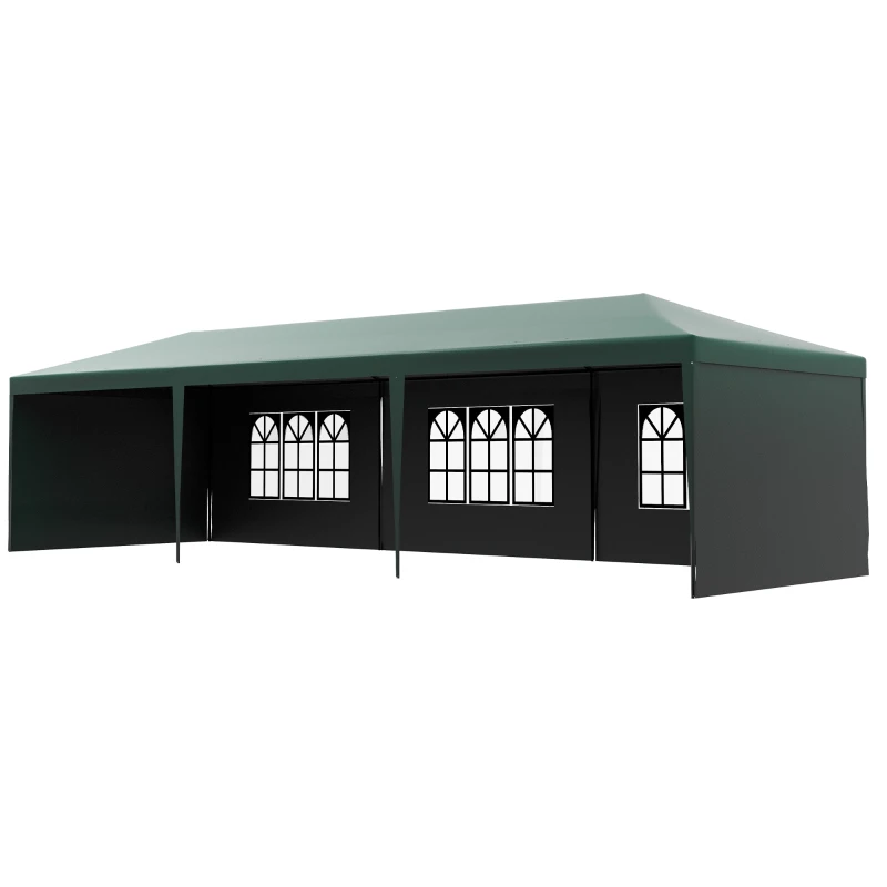Outsunny 9 x 3 m Party Tent Gazebo Marquee Outdoor Patio Canopy Shelter with Windows and Side Panels Dark Green