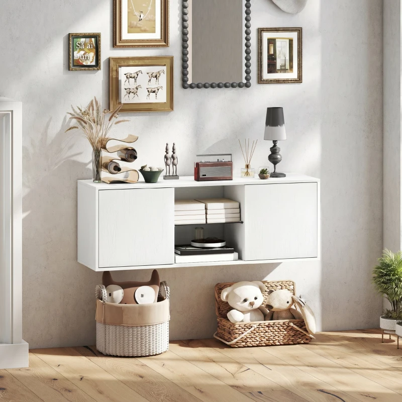 HOMCOM Mobilier TV pentru televizoare de până la 55", Suspendat sau pe Podea, Uși Soft Close, Gaura pentru Cabluri și Raft din Sticlă, Alb