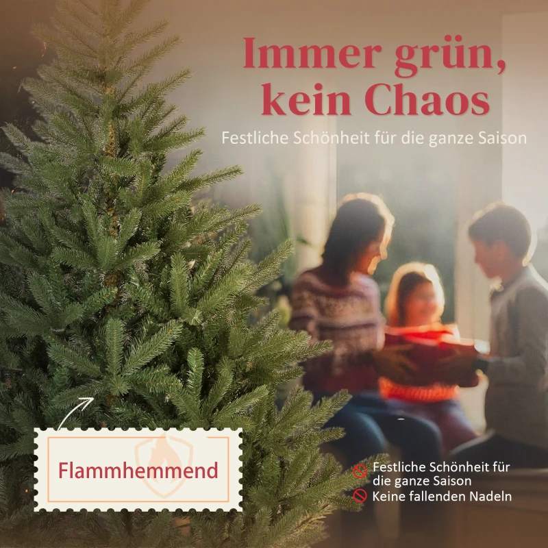 HOMCOM Künstlicher Weihnachtsbaum, 180 cm, dichte Zweige, realistisches Aussehen, flammenhemmend, Kunststoff, Metall, Grün