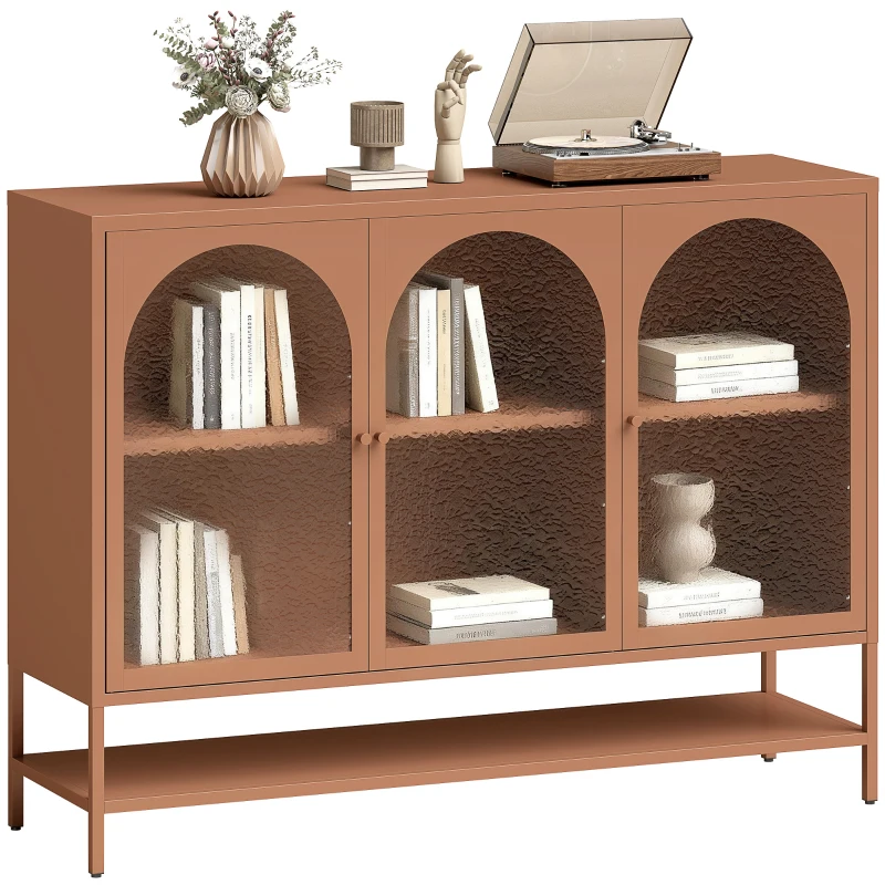 HOMCOM Buffet salon, meuble de rangement avec 3 portes vitrées cintrées et étagère ouverte, 140 x 40 x 105 cm, rouille