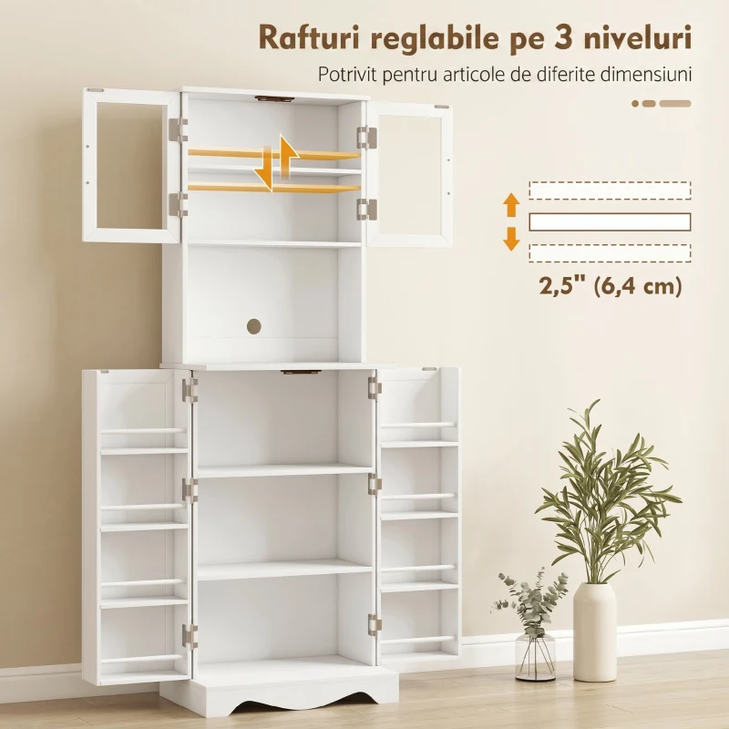 HOMCOM Mobilă de Depozitare pentru Bucătărie cu 2 Dulapuri și 8 Rafturi, din Lemn și Acrilic, 60x39.5x179.6 cm, Alb