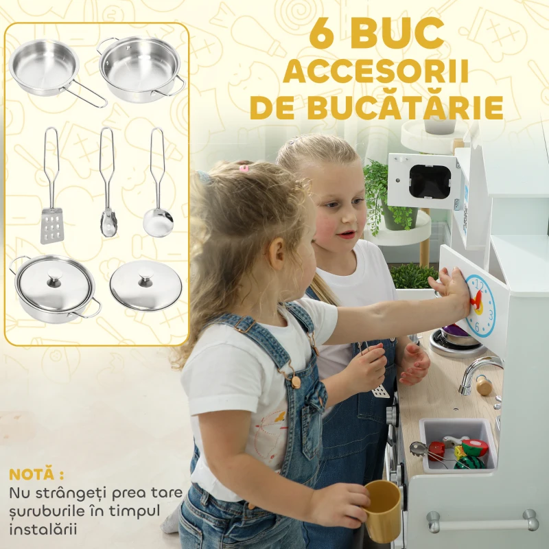 AIYAPLAY Bucătărie de Jucărie pentru Copii 3-6 Ani din Lemn cu Set de Accesorii, Chiuvetă și Butoane cu Sunete, Alb