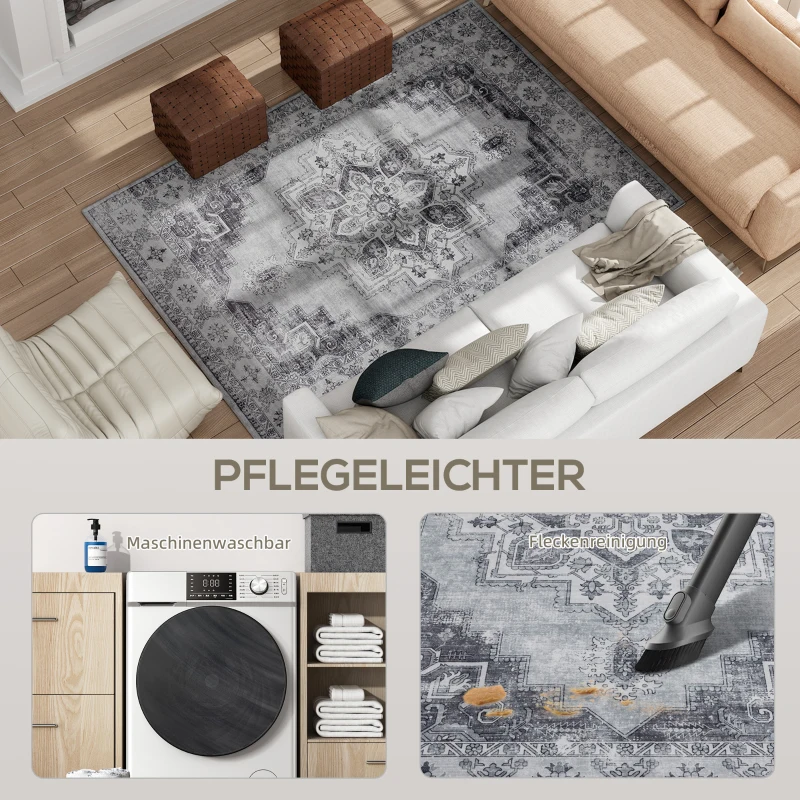HOMCOM Teppich Maschinenwaschbar Anti-Rutsch Wohnzimmerteppich mit Flanell-Optik, 230 x 160cm, Grau
