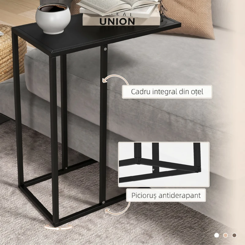 HOMCOM Măsuță de Cafea Înaltă și Industrială în Formă de C din Oțel, 46x26x60 cm, Negru