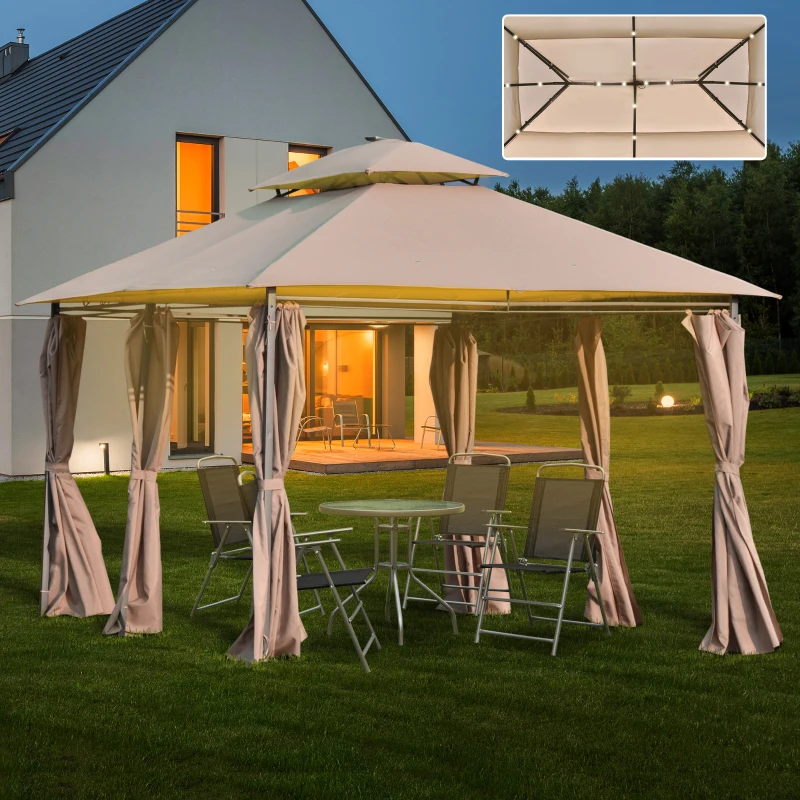Outsunny Gazebo da Giardino 3x4m con Pareti Rimovibili, Pannelli Solari e Luci a LED, Cachi