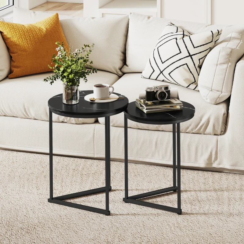 HOMCOM Set of Two Marble-Effect Nest of Tables - Black Marble Effect