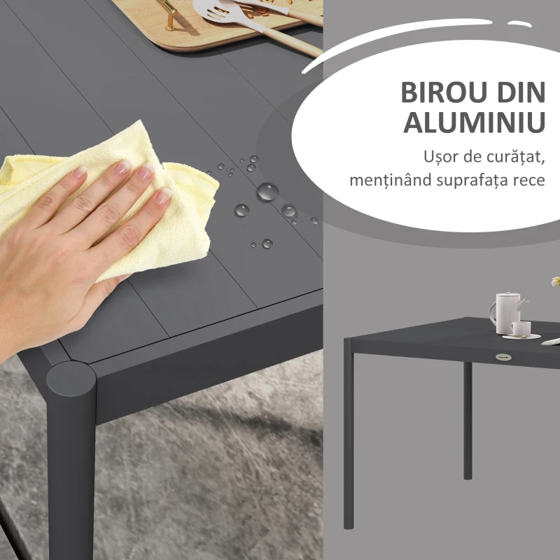 Outsunny Masă de Grădină cu Lamele, Dimensiuni 145x90 cm, Masă de Dining pentru 6 Persoane, Rectangulară, din Aluminiu și Oțel, pentru Curte, Terasă, Balcon și Exterior, Gri Închis