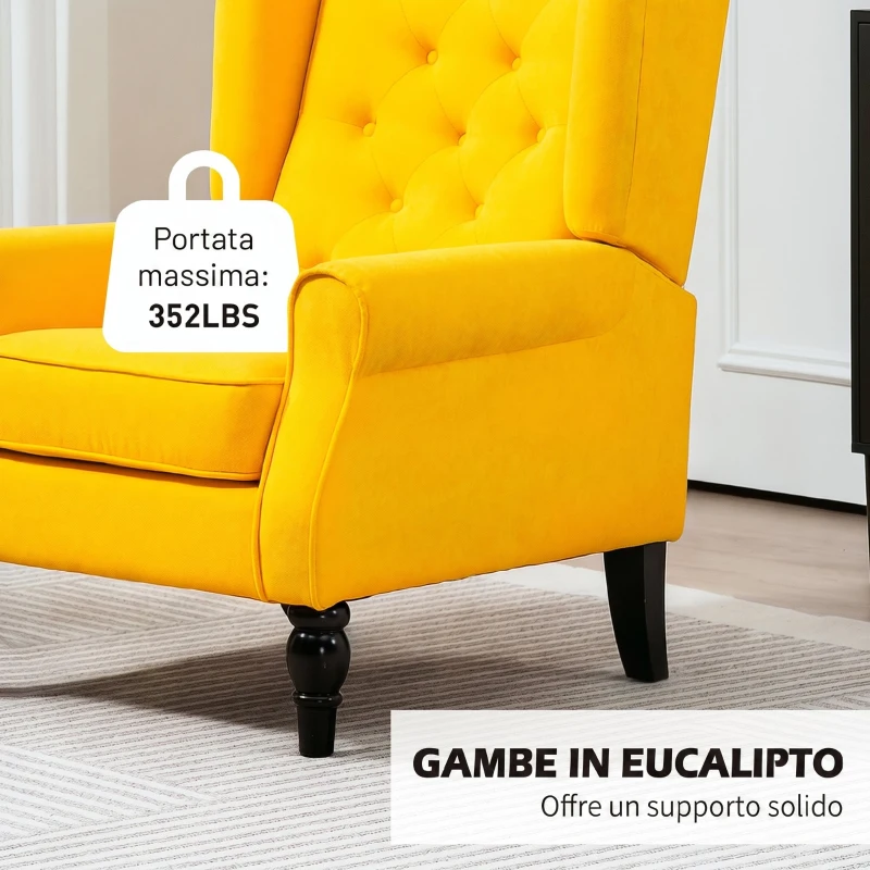 HOMCOM Poltrona Camera da Letto in Stile Francese con Ampia Seduta e Gambe in Legno per Soggiorno e Ufficio, Giallo