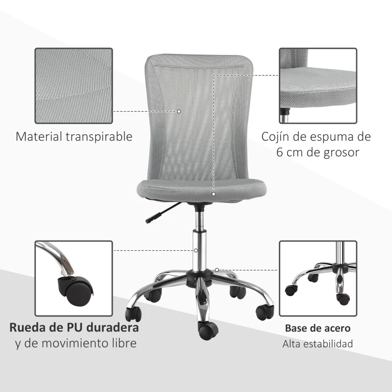 Vinsetto Silla de Escritorio Giratoria sin Brazos Silla de Malla con Altura Ajustable Carga 100 kg 43x58x90-100 cm Gris